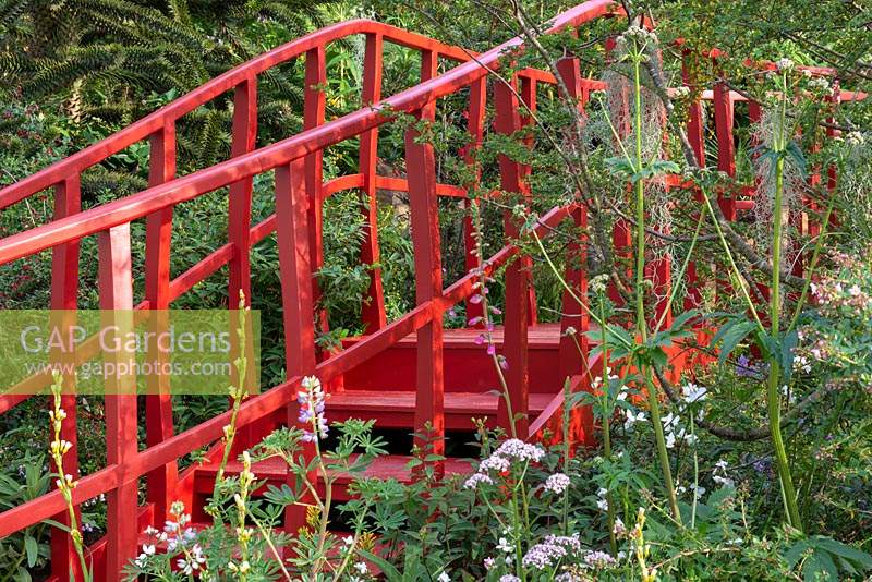 Bright red steps leading over a bridge - The Trailfinders 'Undiscovered Latin America' Garden, RHS Chelsea Flower Show 2019