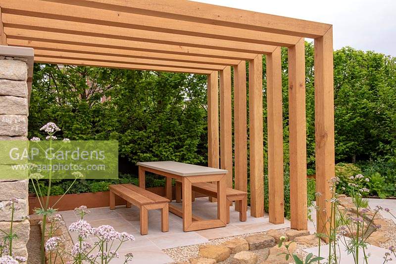 Wooden pergola with table and benches - Kampo no Niwa, RHS Chelsea Flower Show 2019