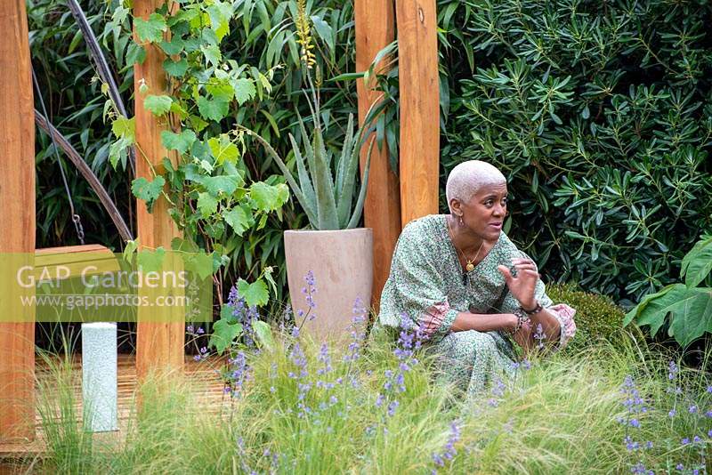 Arit Anderson filming on The Harmonious Garden of Life, RHS Chelsea Flower Show 2019.