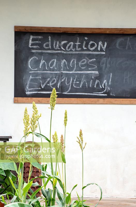 Blackboard with 'Education Changes Everything' - The Camfed Garden: Giving Girls in Africa a Space to Grow, RHS Chelsea Flower Show 2019.
