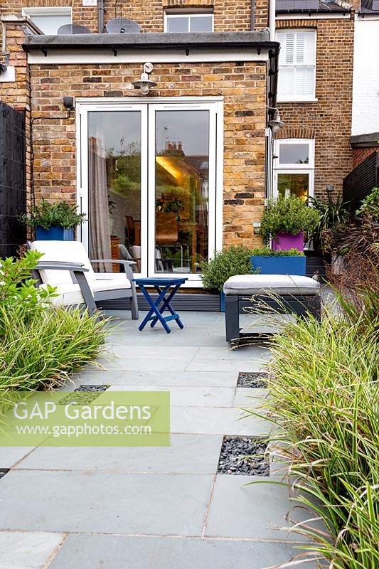 Small contemporary garden in West London, looking towards kitchen dinning room. Planting includes Carex Ice Dance, Heuchera Obsidian, with garden sofa and stool in background.
