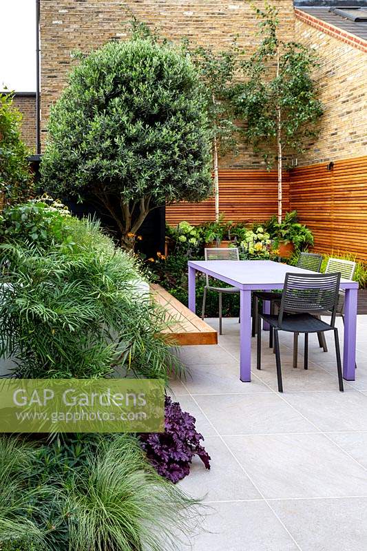 Small contemporary London garden with raised bed and bespoke garden seating with table and chairs.