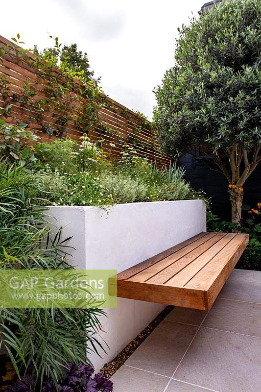 Built-in bench on raised bed in small contemporary London garden 