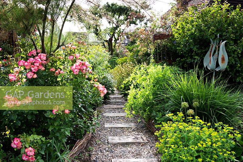A gravel path set with sections of weathered railway sleepers passes between planted borders edged with woven willow. Plants featured: Euphorbia, ornamental grasses near sculpture, Rosa - Rose
