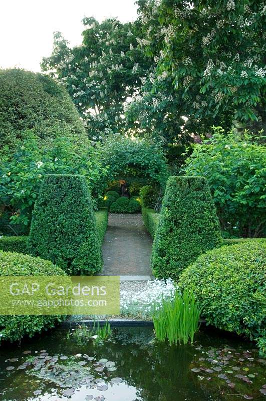 Clipped topiary in formal garden, with classic pond. 