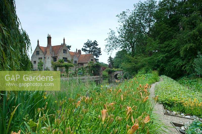 View across gardens of Hindringham Hall, Norfolk, UK