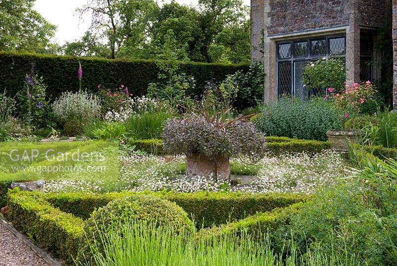 Parterre garden near house, beds filled with flowers