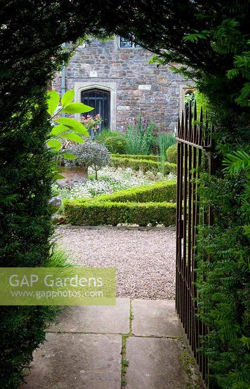 View through clipped Taxus - Yew - hedge arch, with open metal gate, to parterre garden and house
