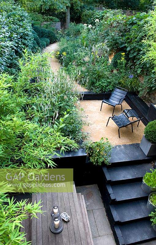 Overview down narrow urban garden