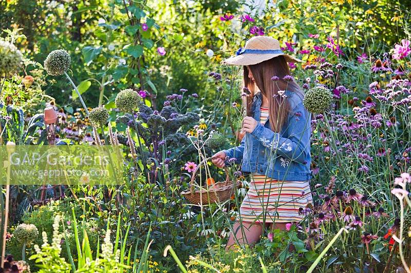Girl picking herbs and edible flowers.