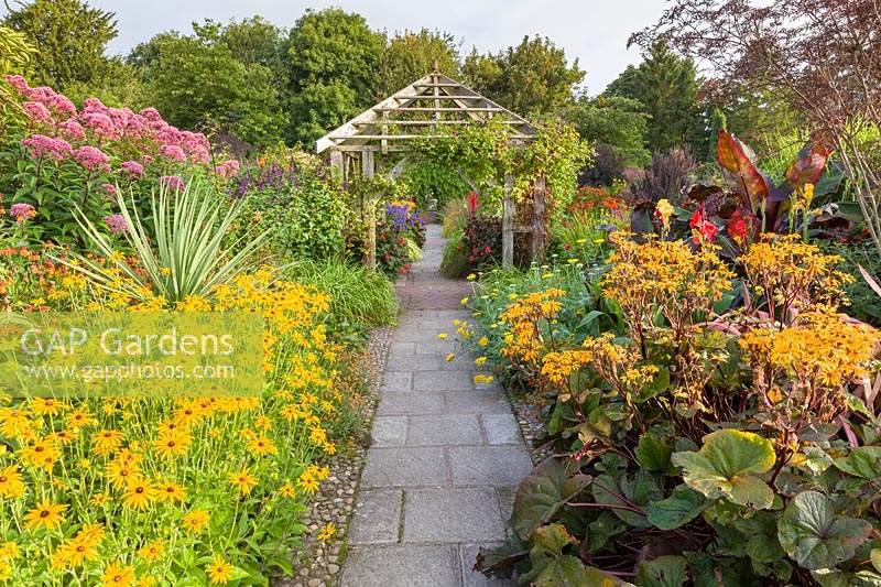 The Lanhydrock Garden, Wollerton Old Hall Garden, Shropshire, UK. View to the wooden pergola. Planting includes: Rudbeckias, Ligularias, Cannas and Achilleas
