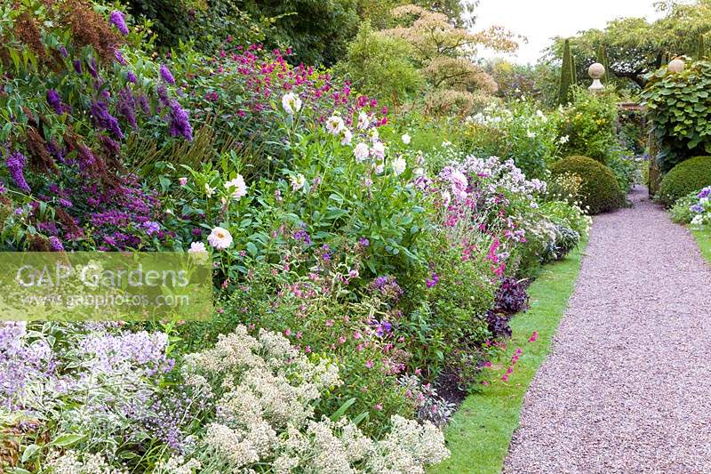 The main herbaceous borders at Wollerton Old Hall Garden, near Market Drayton, Shropshire, UK 