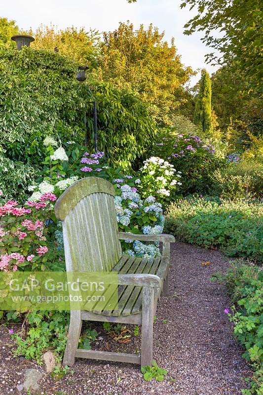 A wooden bench in the semi-formal Croft Garden at Wollerton Old Hall Garden, near Market Drayton, Shropshire, UK 