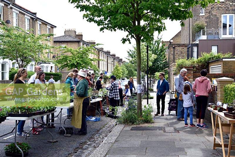 People buying plants from community plant stall in urban street, Wilberforce Road Gardeners plant sale, London Borough of Hackney.