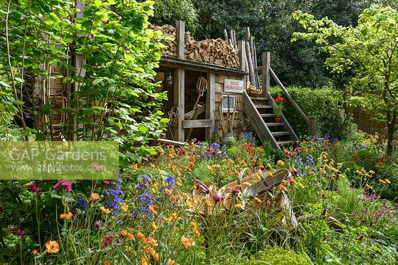 Traditional timber workshop with planting of poppies, Geum 'Totally Tangerine',   Anchusa, Cirsium and Astrantia - A Trugmaker's Garden by Future Climate Info - RHS Chelsea Flower Show 2016 - Gold medal