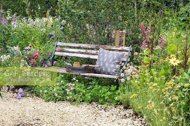 Wooden bench and overgrown flower borders along gravel path - The BBC Spring Watch Garden - RHS Hampton Court Festival 2019.