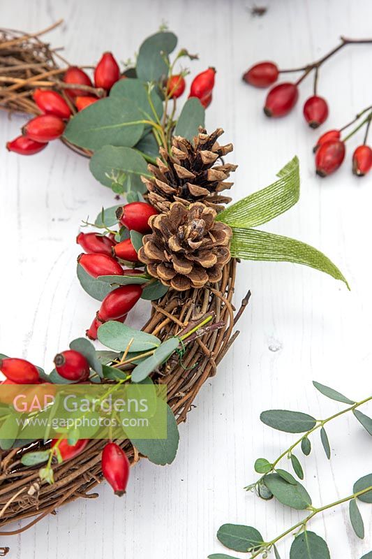 Detail of wicker wreath with rosehips, pine cones and Eucalyptus foliage