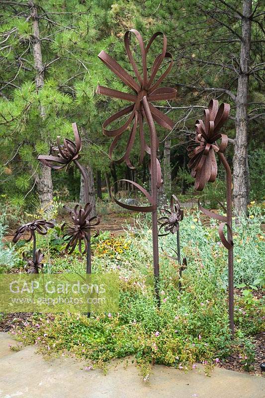 Handcrafted metal flowers under Pinus nigra - Austrian Pine - with groundcover