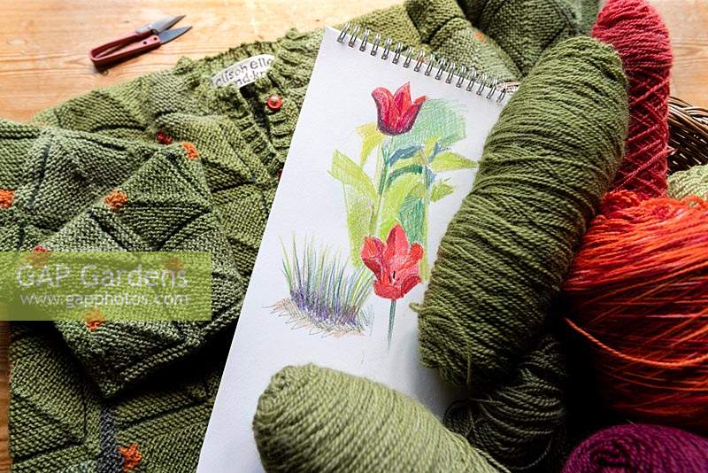 Alison Ellen Hand Knits studio - Sketches and colour studies for 'Garden' coloured design