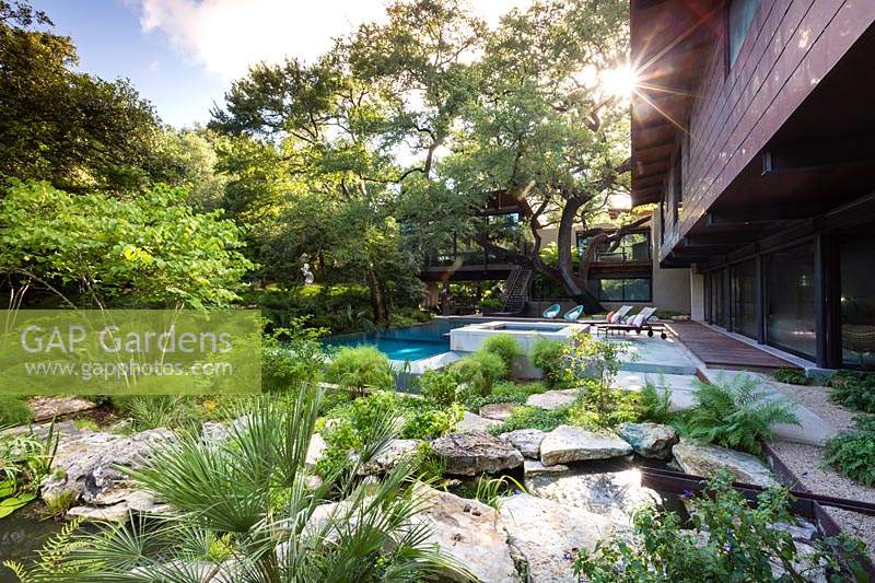 House with enclosed garden with specimen trees, swimming pool, outdoor seating and rock garden