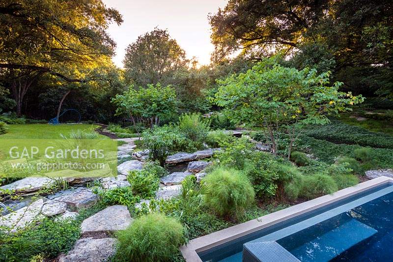 Limestone rock garden between the edge of a swimming pool and woodland garden
