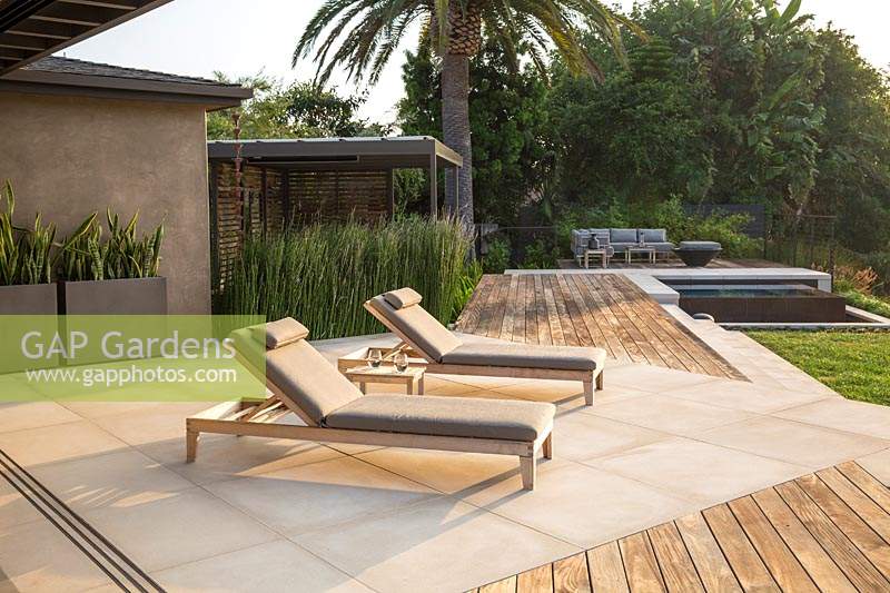 Modern garden with patio and decking area, San Diego, USA