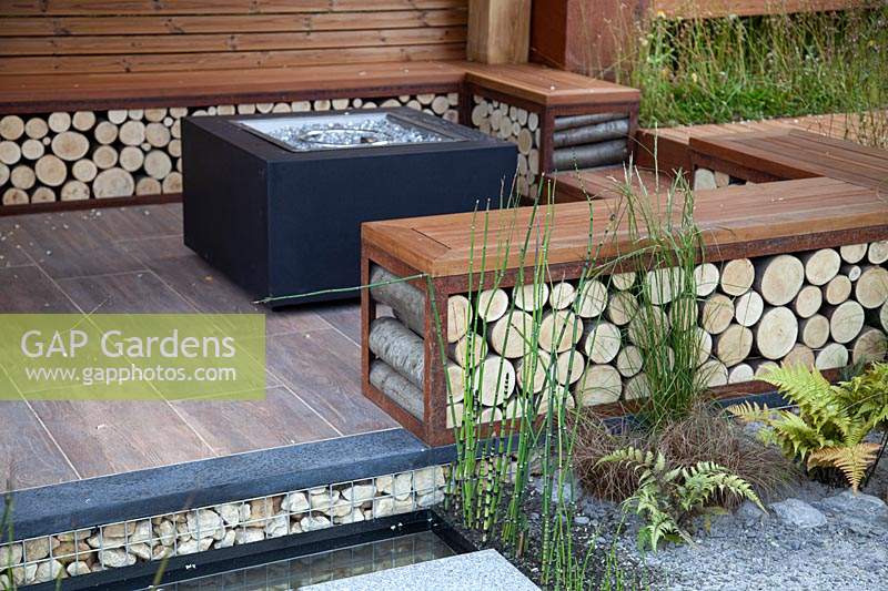 Covered seating area in 'Across the Board' garden, a solution for a new-build garden, BBC Gardener's World Live 2018.