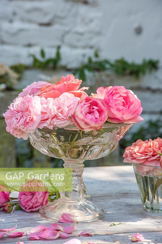 Roses arranged in vintage glass bowl