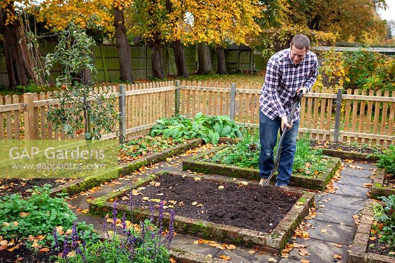 Digging over an empty bed in a vegetable garden 
