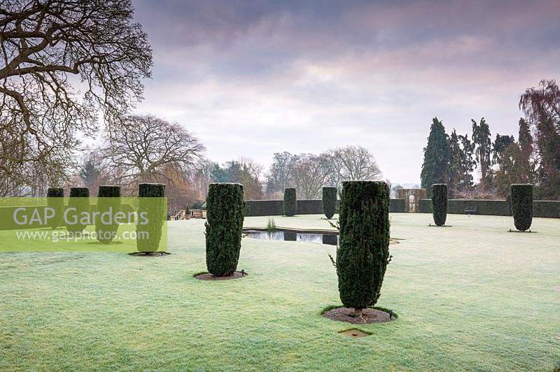 Clipped fastigiate Yew flanking fountain pool at Littlethorpe Manor, Yorkshire in February. 