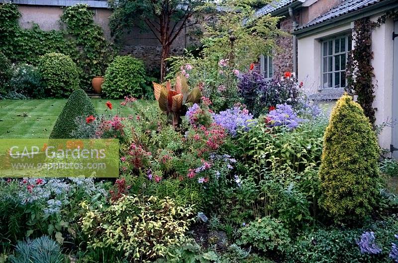Mixed border with shrubs and perennials in Autumn  