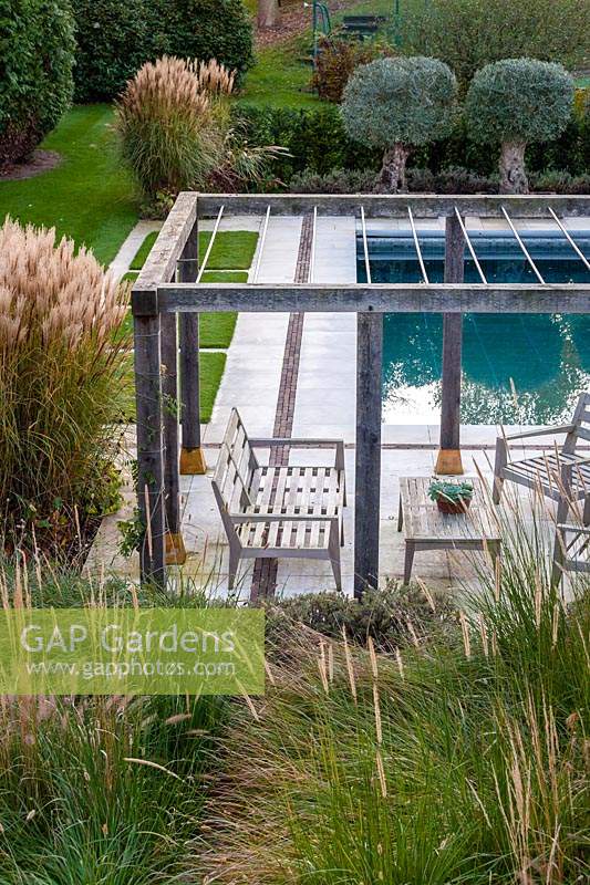 Overview of Pergola and swimming pool at large Surrey Garden 