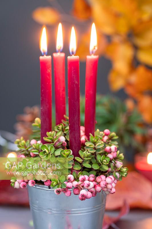 Arrangement with Hebe, Rowan berries and red candles. 