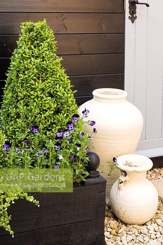 Timber planter with clipped box and violas with decorative ceramic jars