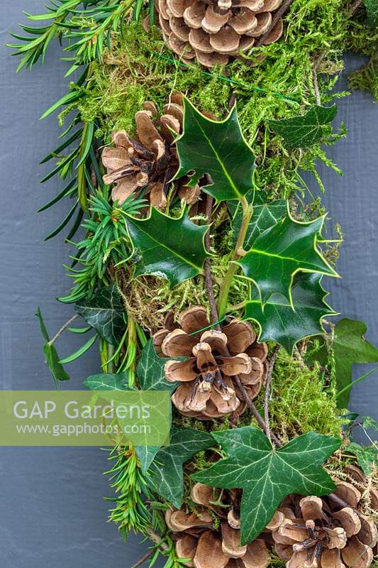 Detail of finished wreath made with Ivy, Cones, Moss, Holly and Yew