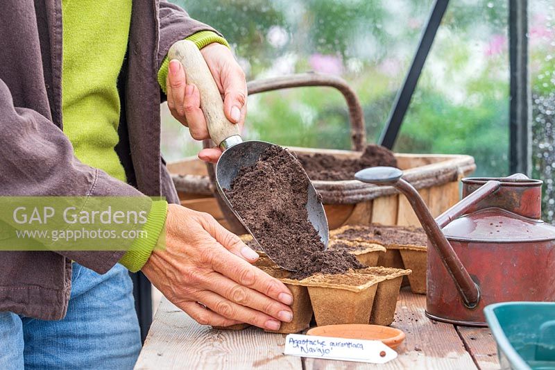 Woman adding compost to biodegradable modular tray using a metal scoop