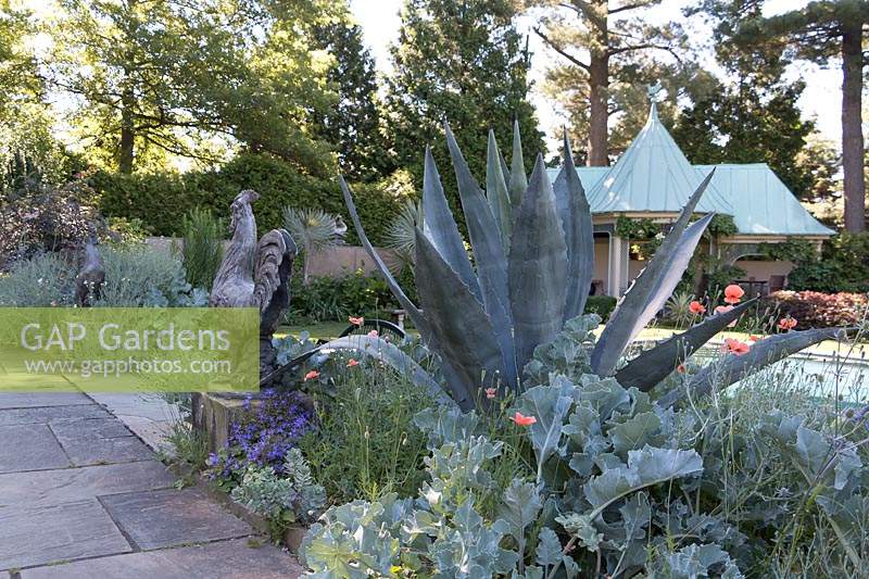 Border with silver-blue colour theme, plants: Agave Americana, Crambe maritima - Sea Kale, with rooster statues alongside path