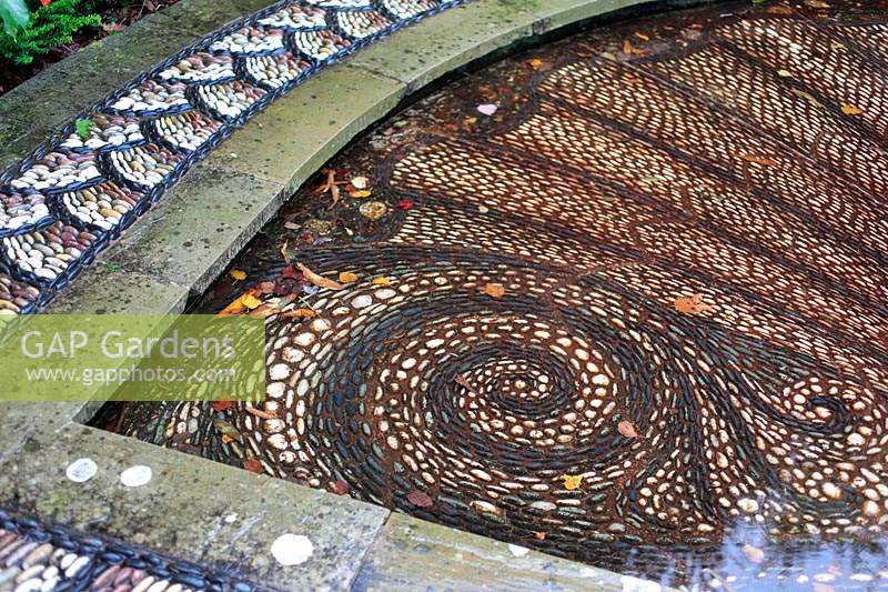 Pebble mosaic pond at Thenford Arboretum, October