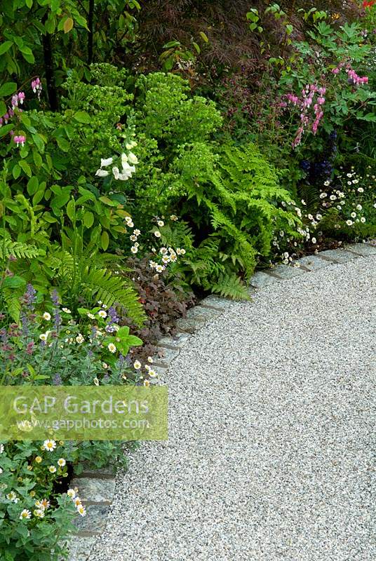 Path with edging of granite setts and dense herbaceous border alongside - RHS Malvern Spring Festival