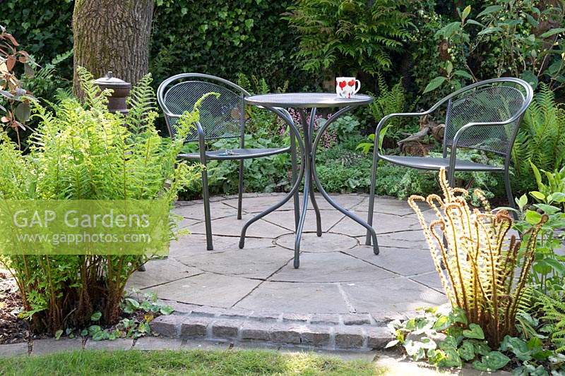 Circular patio with table and chairs and beds planted with ferns, trees and shrubs