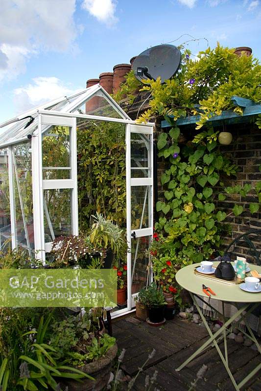 A greenhouse and small folding table on roof terrace in London. 