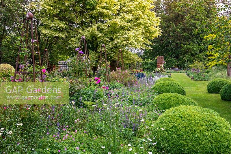 A country garden that combines open vistas and naturalistic style beds and borders, whilst mature trees, box hedges and clipped balls add structure.