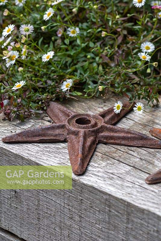 An old iron starfish rests on a timber beam.