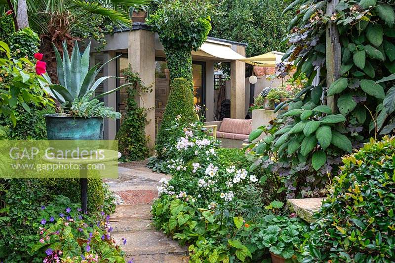 Path leads to a garden room, passing an Agave americana perched on a table, and edged in begonias, hardy geraniums, Japanese anemones, dahlias and phlox.
