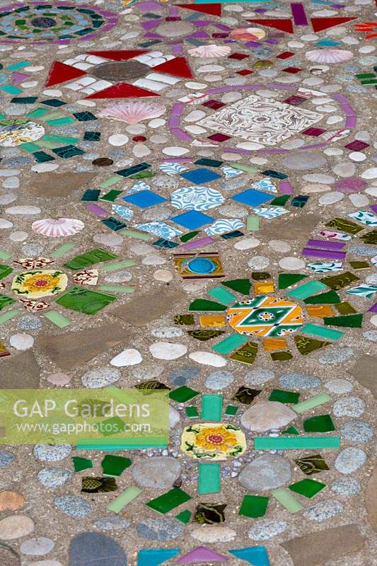 A colourful mosaic path