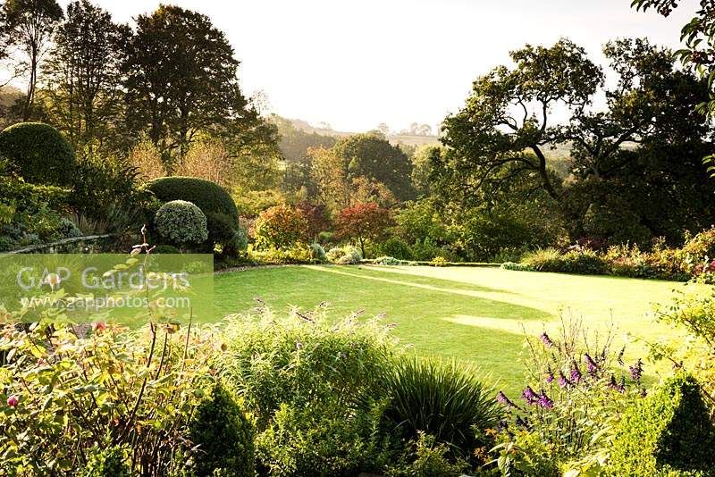 View across garden from terraces over a circular lawn towards borders of shrubs and herbaceous perennials including clipped Buxus - Box, Pittosporum and Osmanthus 