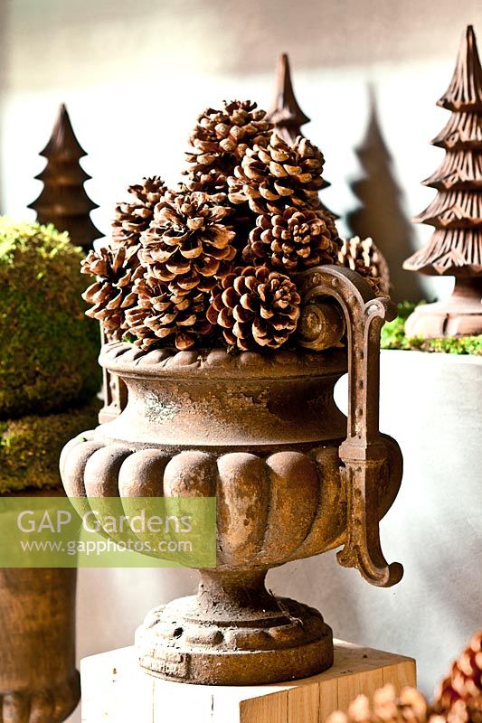 Pinecones stacked in decorative container