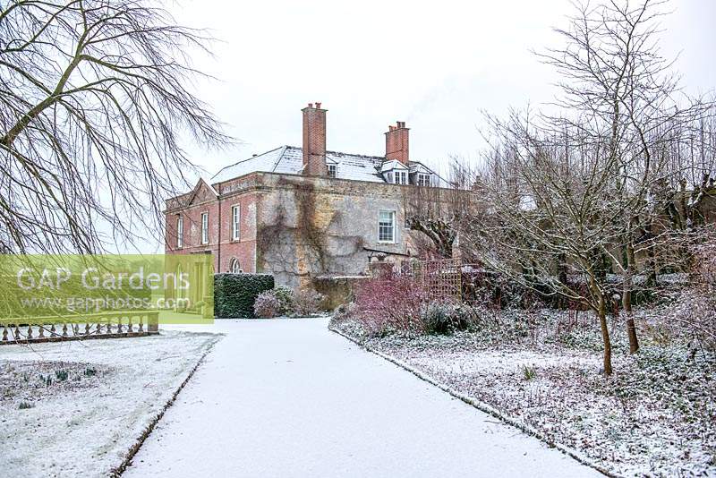 Snow covered drive leading to Yarlington House with bright red Cornus stems