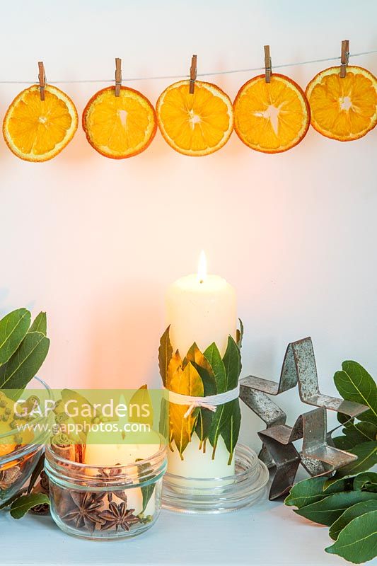 Orange slices pegged up on a line above candles with Laurus nobilis - Bay -decorations