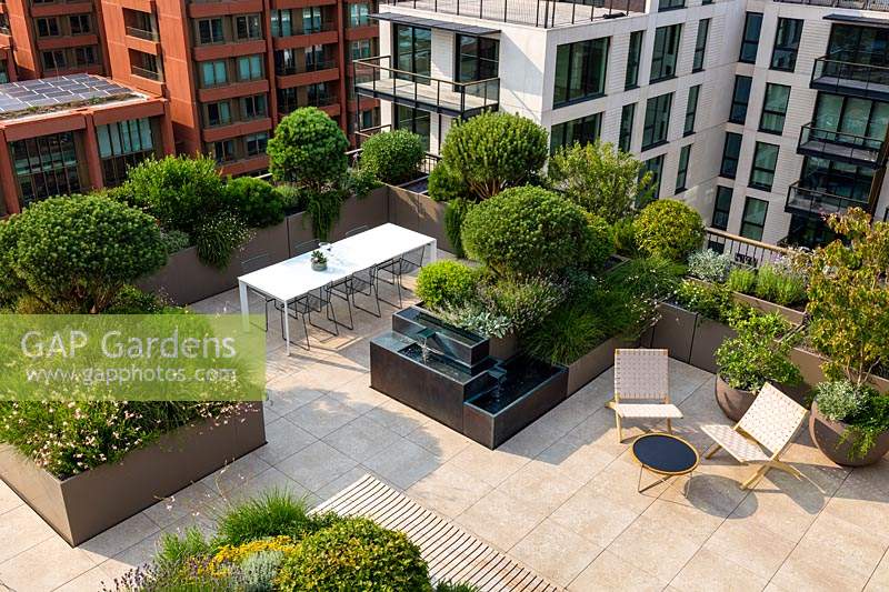 Overview of city roof garden showing troughs of evergreen shrubs screening seating areas from tall buildings